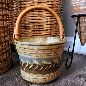 Signed Vintage Hand Made Pottery Basket with Bamboo Handle